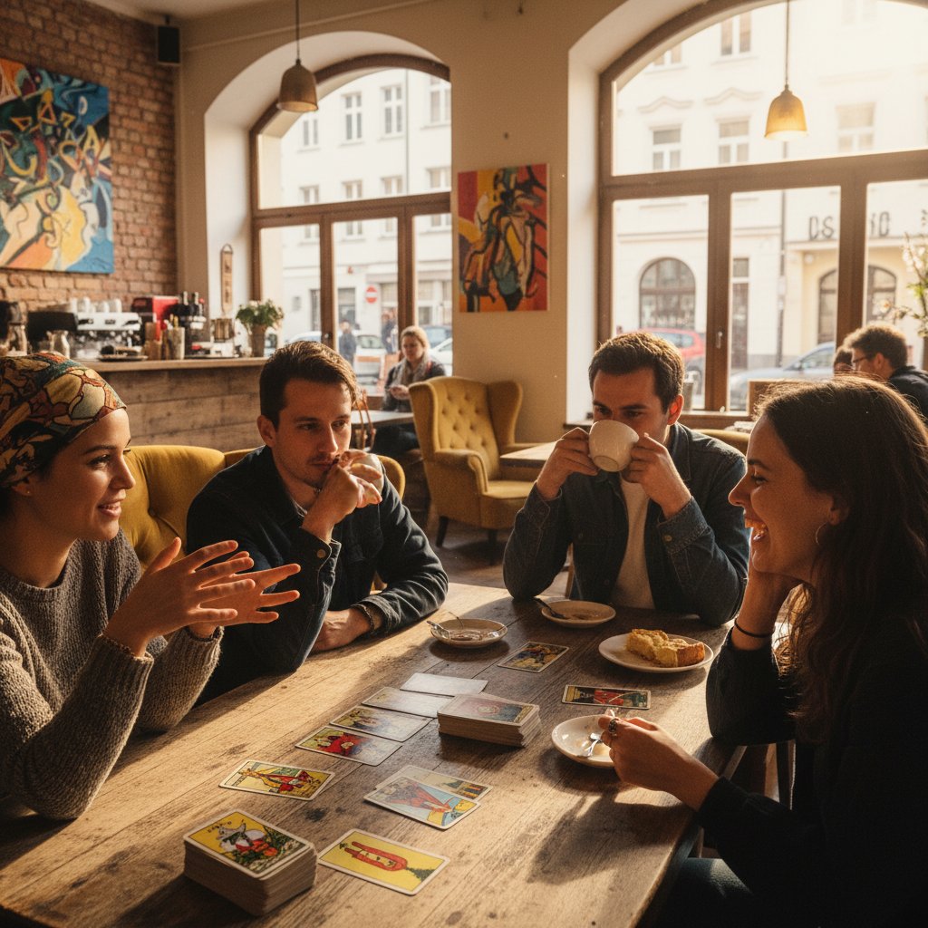 Diverse Gruppe diskutiert Tarotkarten in einem Berliner Café, gesellschaftliche Relevanz von Gratis Tarotkarten online