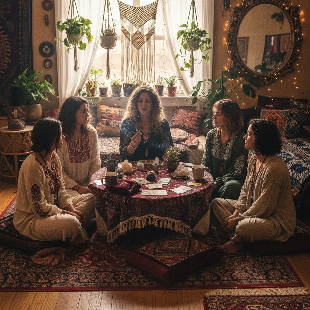 Grupa młodych ludzi przy stole z kartami tarota, żywa dyskusja, mieszkanie w stylu boho