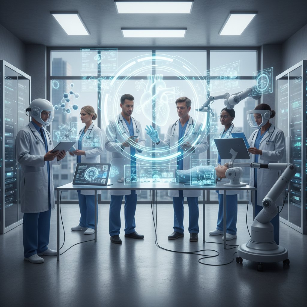 Grupa ludzi testująca nowoczesny sprzęt medyczny z AI