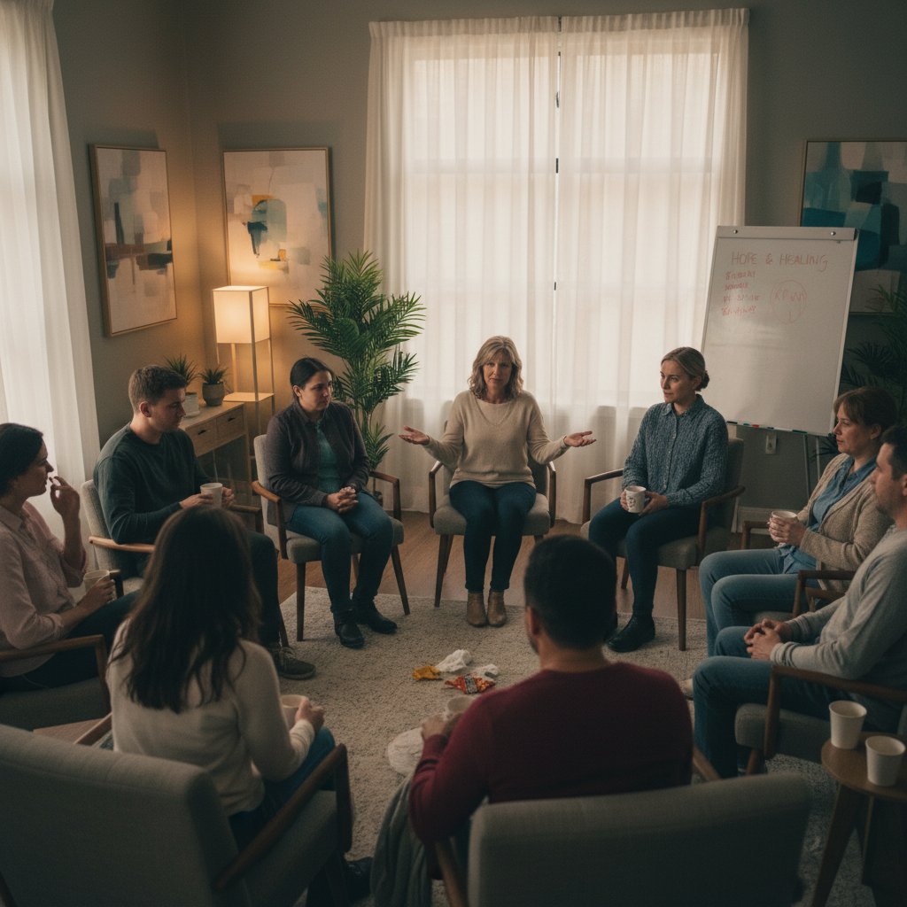 Group therapy session in a real rehab setting, subdued lighting, candid expressions, movie rehabilitation movies