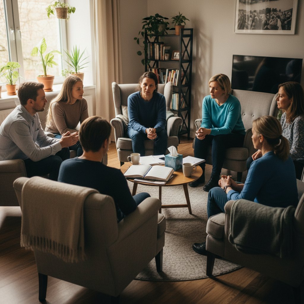 Osoba siedząca na terapii grupowej, otoczona wsparciem innych uczestników, atmosfera zrozumienia