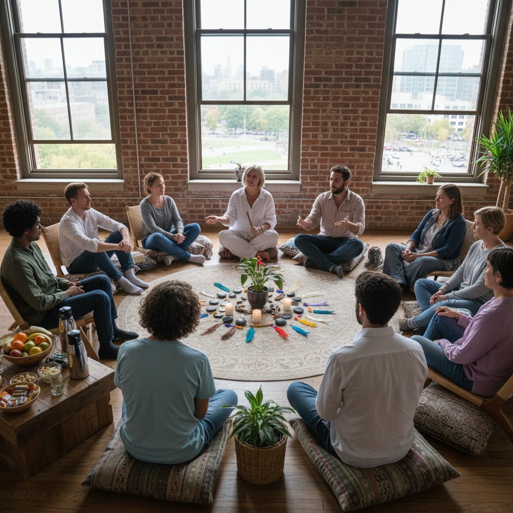 Grupa osób uczestnicząca w sesji wsparcia psychologicznego poza mindfulness