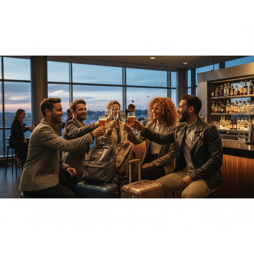 A diverse group of travelers celebrating at an airport bar, highlighting the social impact of companion tickets