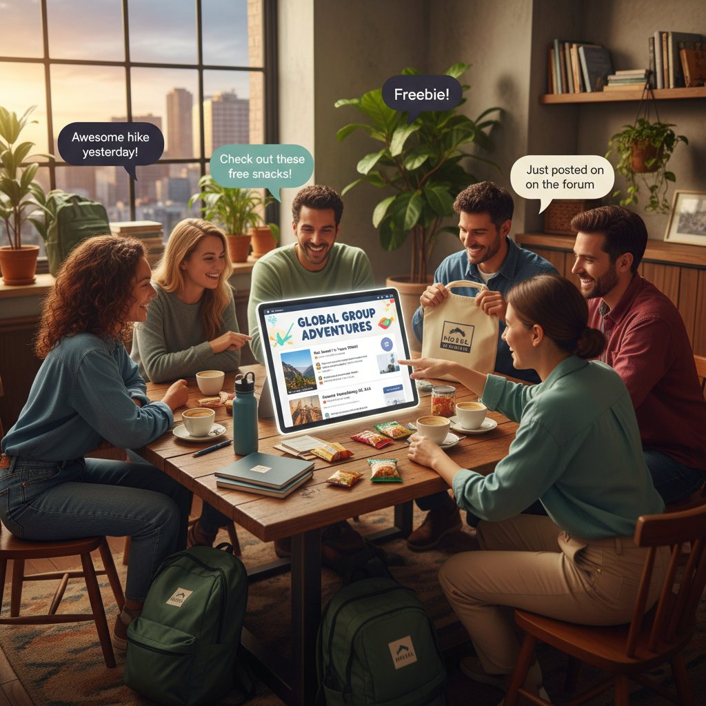 Grupa podróżników dzieląca się doświadczeniami o gratisach hotelowych na forum