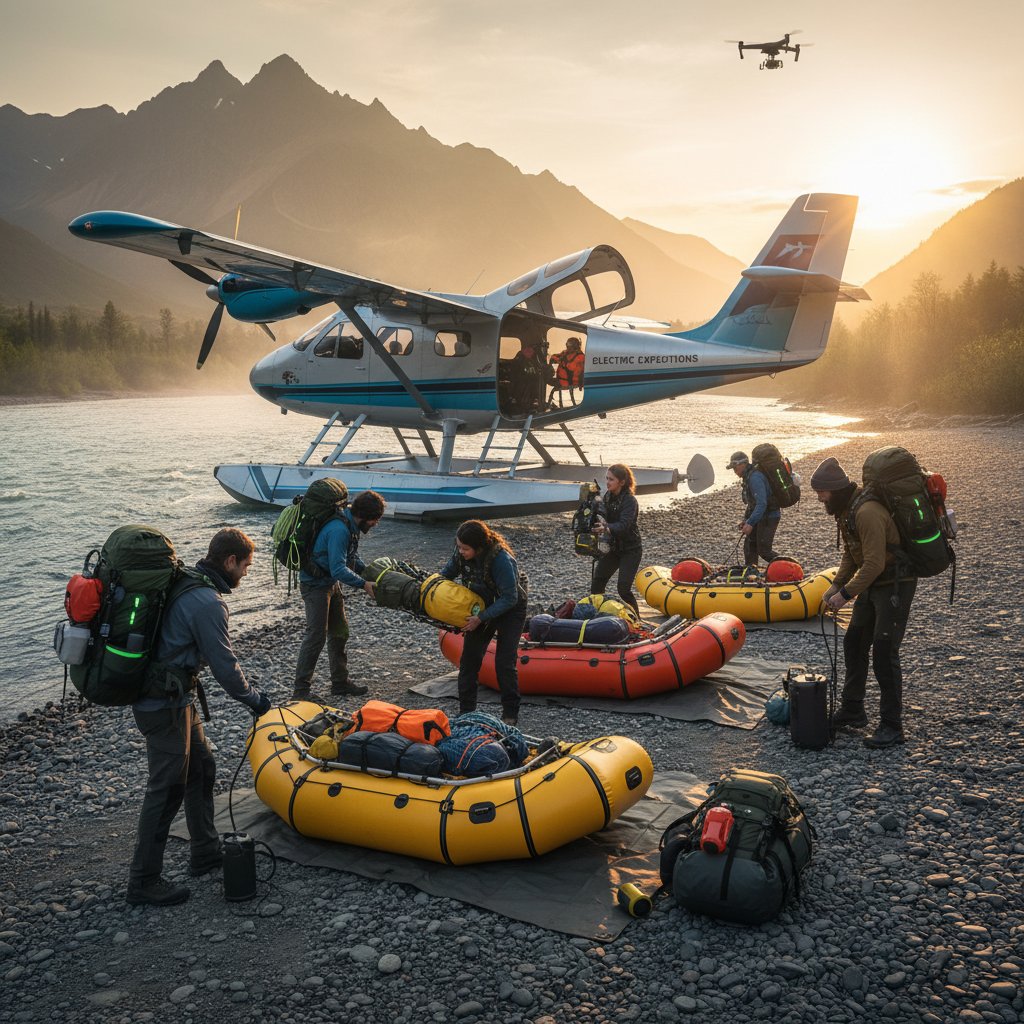 Group unloading gear from plane onto a wild riverbank, prepping packrafts for an epic multi-modal trek.