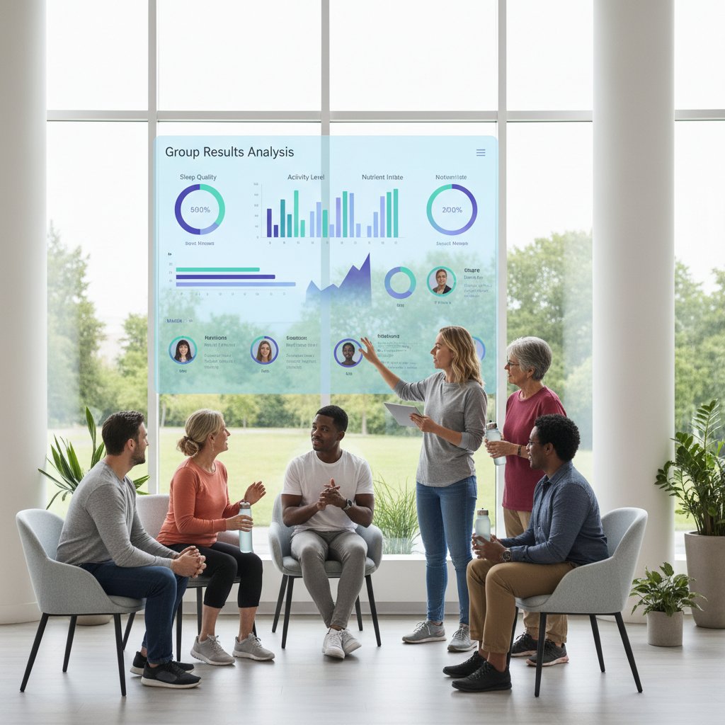 Grupa użytkowników analizująca wyniki zdrowotne w aplikacji podczas sesji grupowej