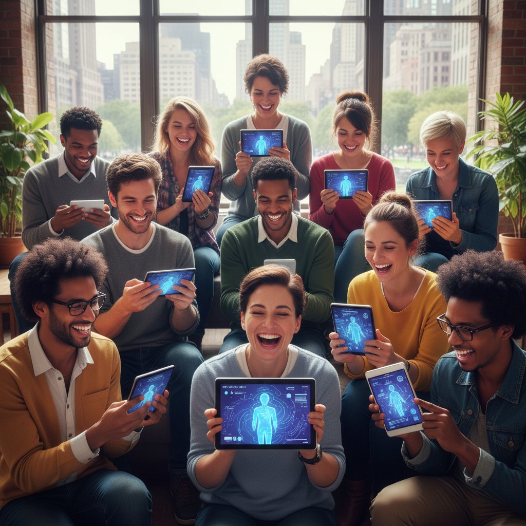 Grupa różnych użytkowników śmiejących się z AI na różnych urządzeniach – różnorodność zastosowań