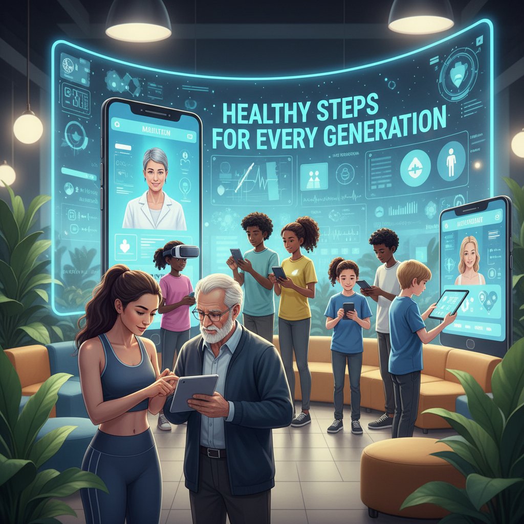 Grupa użytkowników różnych pokoleń korzystających z urządzeń mobilnych do wyszukiwania informacji zdrowotnych
