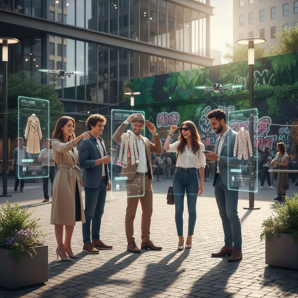 Grupa młodych ludzi korzystających z AI stylisty w plenerze miejskim