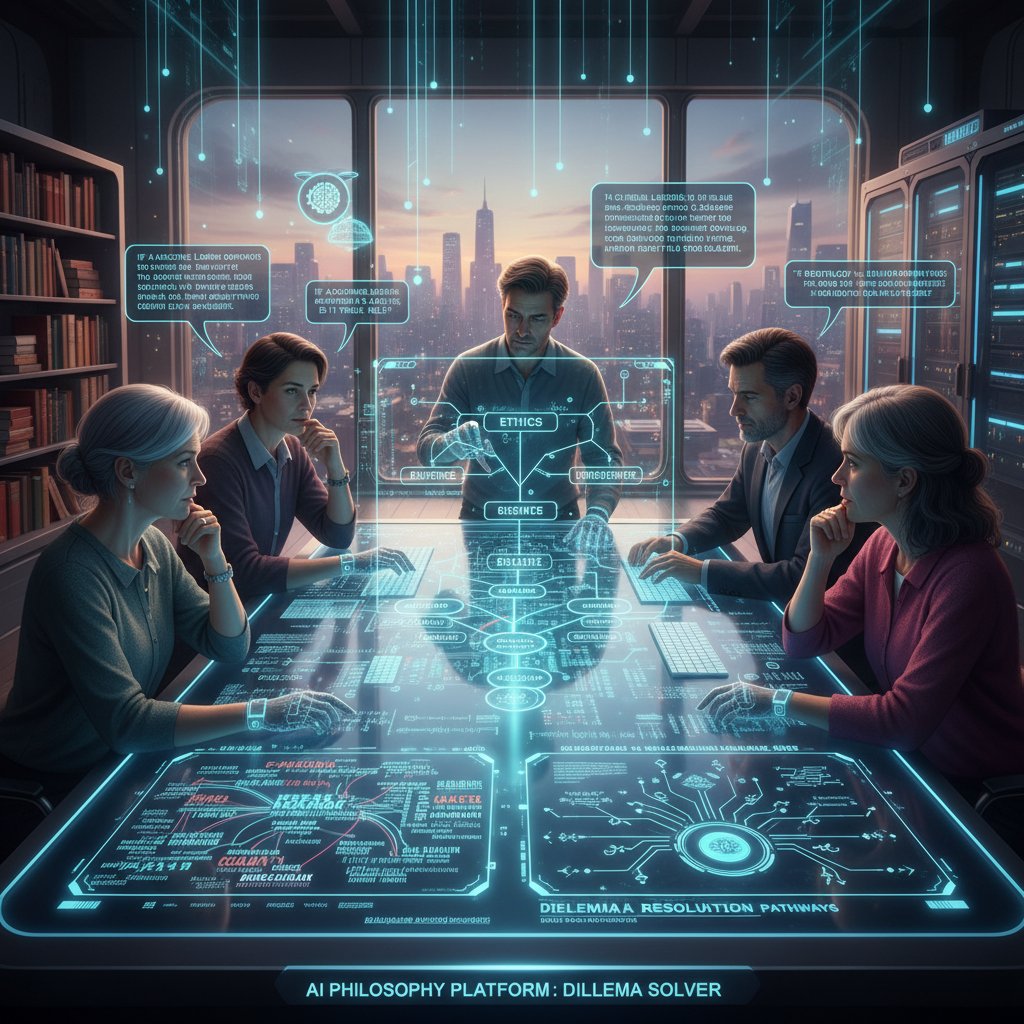 Grupa ludzi korzysta z platformy filozoficznej AI, wspólna analiza tekstów i rozwiązywanie dylematów
