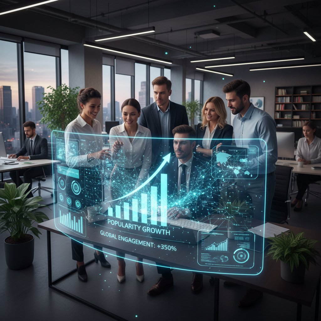 Grupa ludzi korzysta z symulatora AI w siedzibie firmy, obrazująca rosnącą popularność