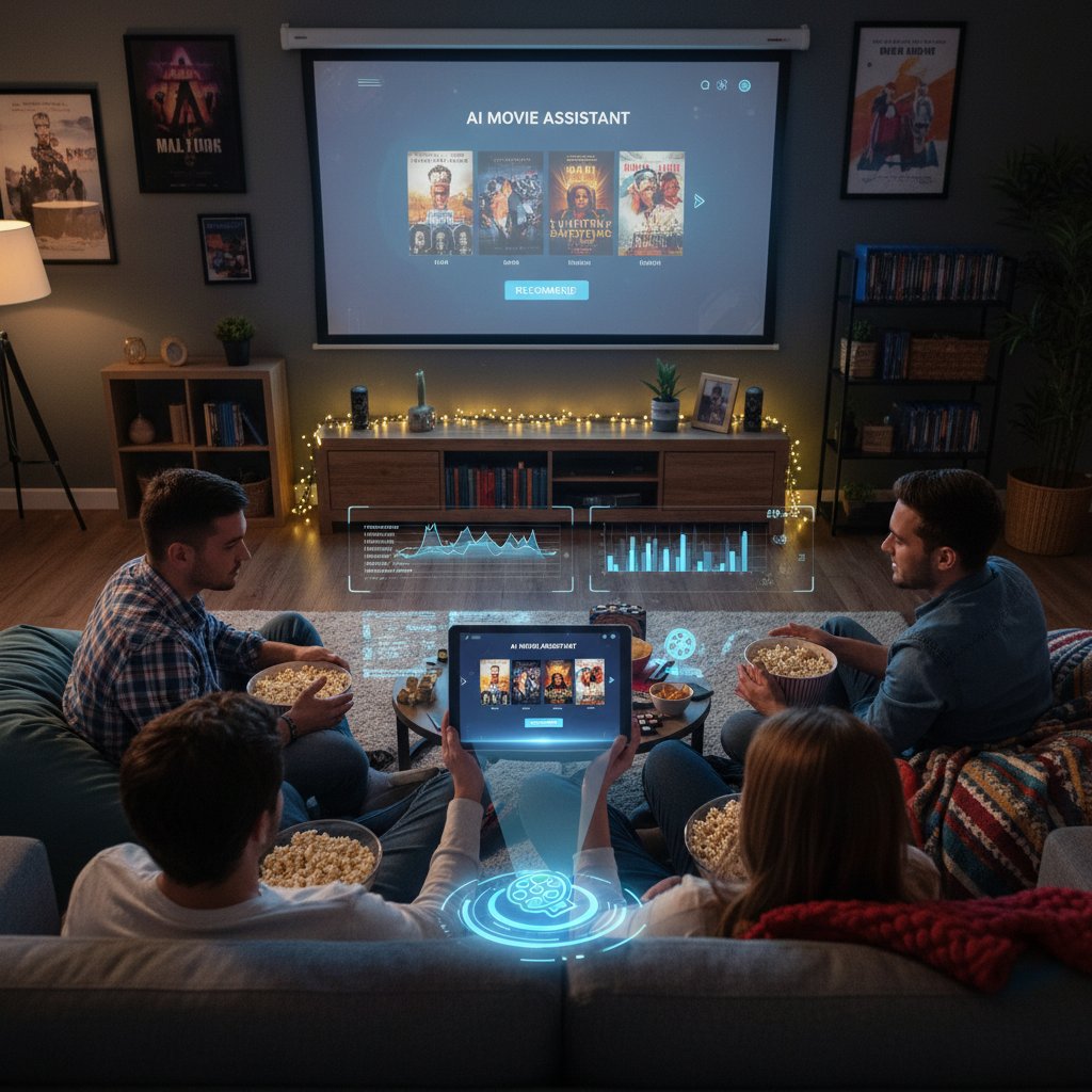 Screenshot-style photo of a group using an AI movie assistant app together, inputting their preferences for movie night