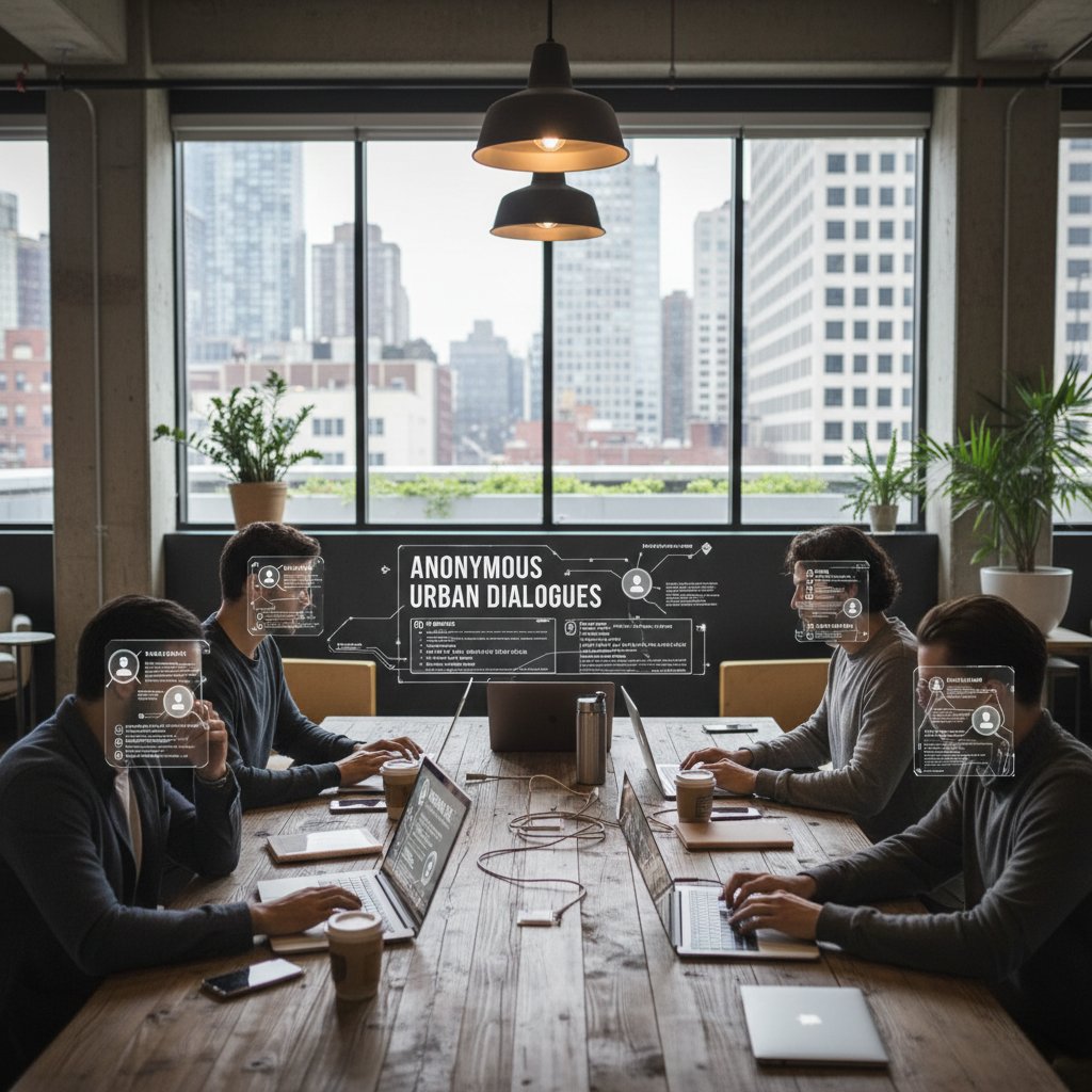 A diverse group of people on laptops and phones, posting anonymously in an online forum, urban coworking space vibe