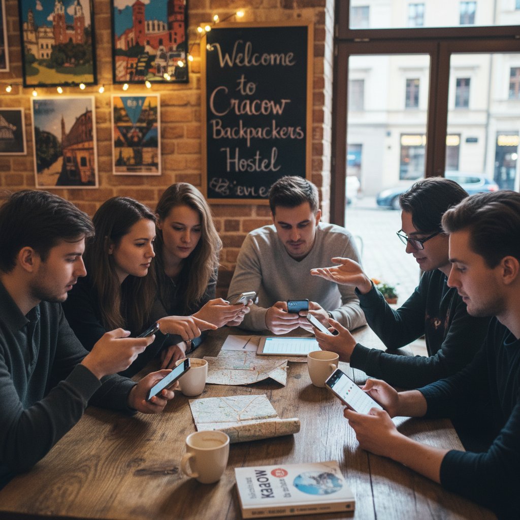 Grupa młodych osób używa aplikacji mobilnych do planowania pobytu i rozliczeń w hostelu w Krakowie