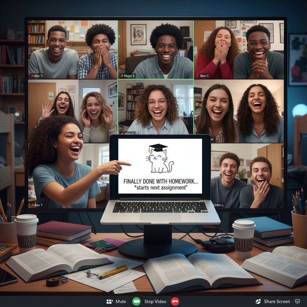 Studenci na wideorozmowie, śmiejący się i dzielący ekran – motywacja i wsparcie rówieśnicze podczas nauki online