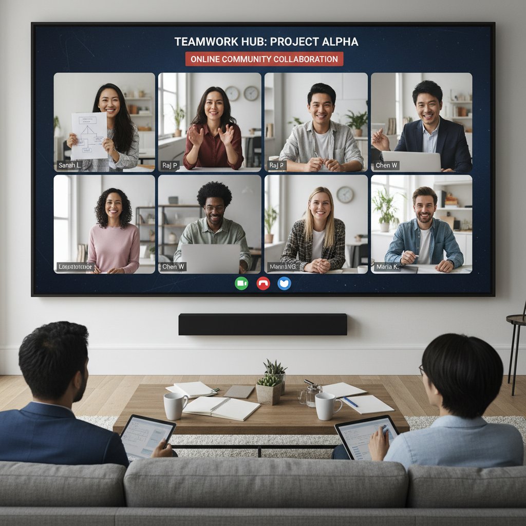 Grupa ludzi rozmawiająca przez wideoczat, ekran podzielony na kilka okienek, atmosfera współpracy