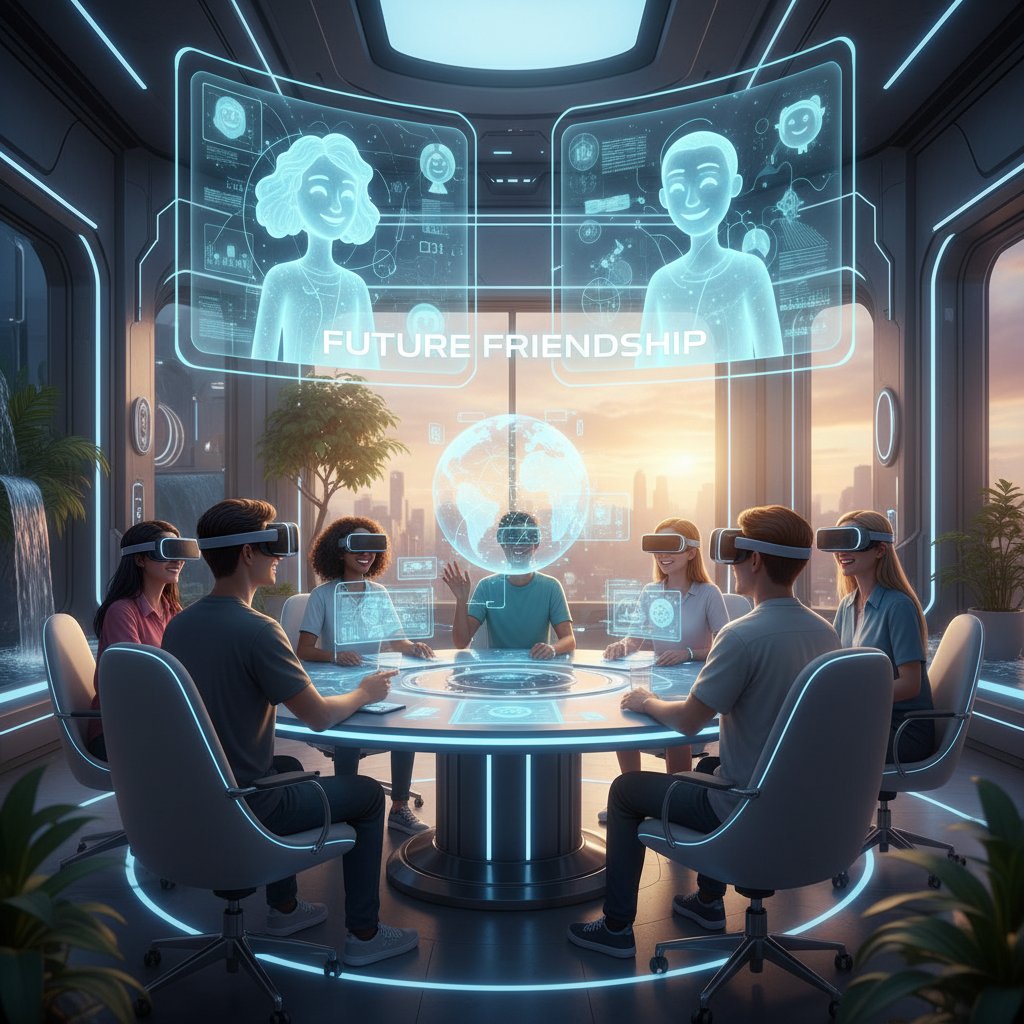 Grupa osób w okularach VR, uczestnicząca w wirtualnym spotkaniu, symbol przyszłości przyjaźni i społeczności