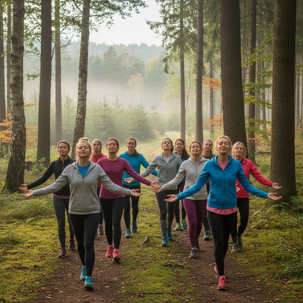 Grupa osób spacerujących w lesie, ćwiczenia relaksacyjne, polski krajobraz, redukcja stresu