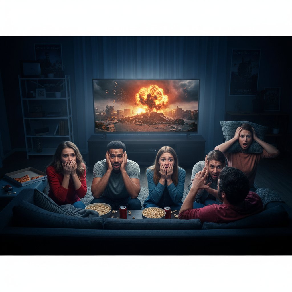 Group of friends watching intense panic movie, emotional reactions visible