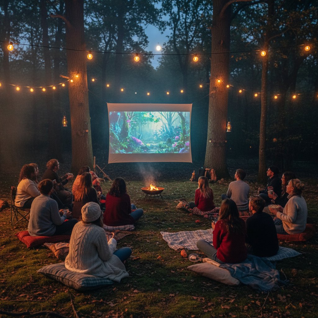 Group watching a forest movie projected in a woodland clearing, festive mood and immersive forest movies experience