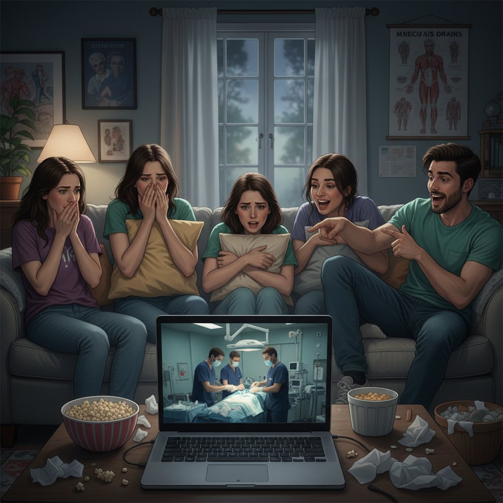 Grupa młodych osób oglądająca serial medyczny na laptopie, śmiech, emocje
