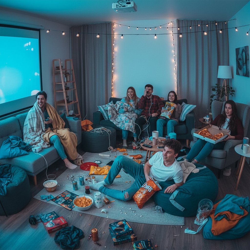 Group watching movies in a cozy, chaotic living room, snacks everywhere, 16:9
