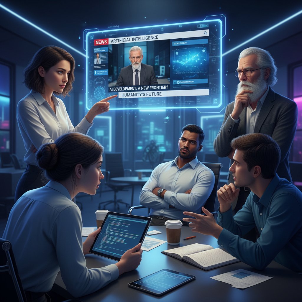 Grupa osób oglądających wiadomości o AI na ekranie, widoczna ciekawość i sceptycyzm, symulacja kompetencji społecznych jako medialny temat