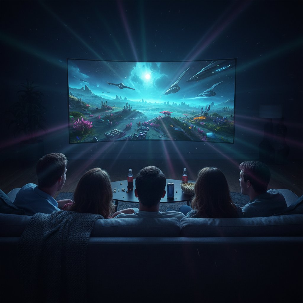 Group mesmerized by sci-fi movie glow, faces illuminated by eerie alien light, shadowy figures in dark room