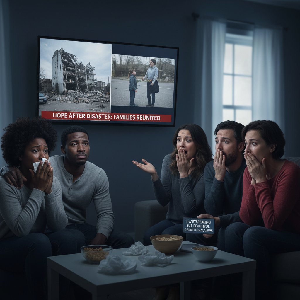 Grupa osób oglądających telewizję i komentujących emocjonalnie wydarzenia