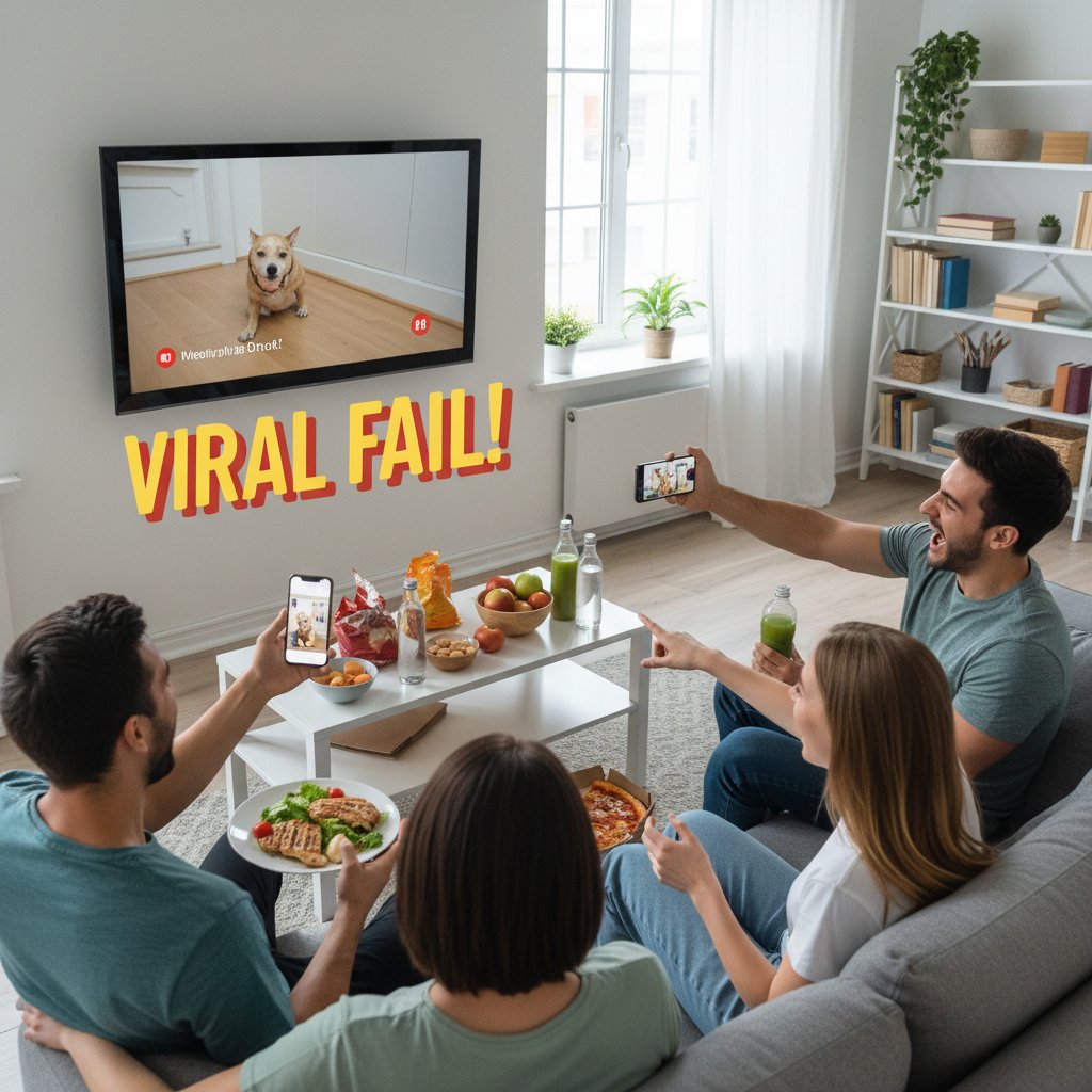 Grupa młodych osób oglądających viralowe wideo o diecie na smartfonach, śmiech i emocje