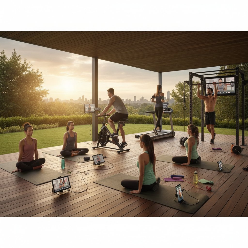 Grupa ludzi ćwiczących w różnych środowiskach: dom, siłownia, na zewnątrz, z urządzeniami mobilnymi