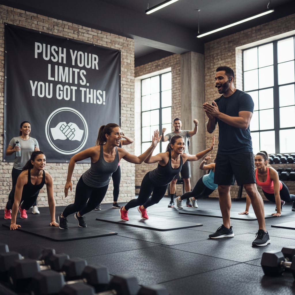 Zdjęcie grupy osób ćwiczących wspólnie w motywującej atmosferze, symbolizujące wpływ środowiska na efektywność treningu
