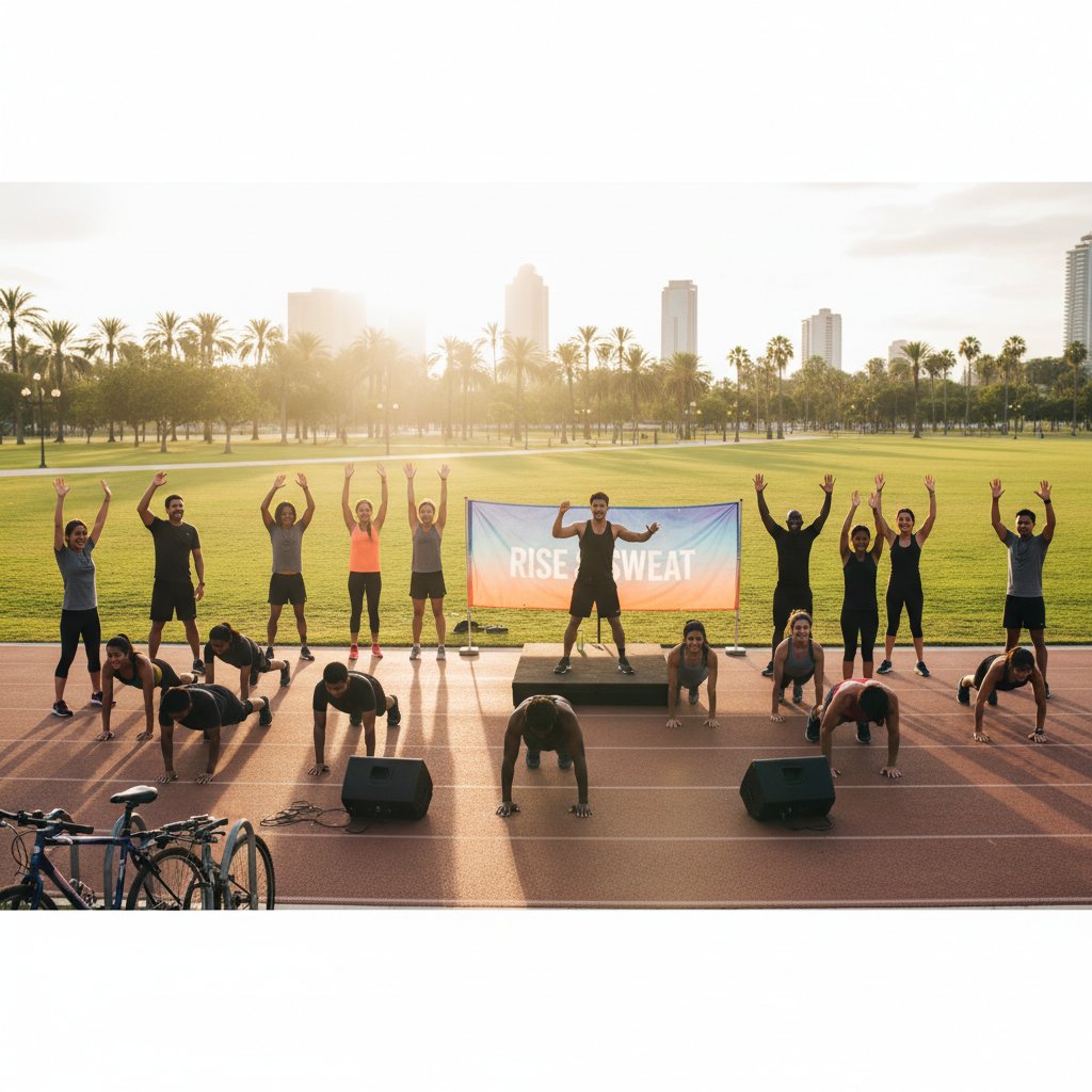 Grupa ludzi wspólnie ćwiczących na świeżym powietrzu, energia, wsparcie, uśmiechy