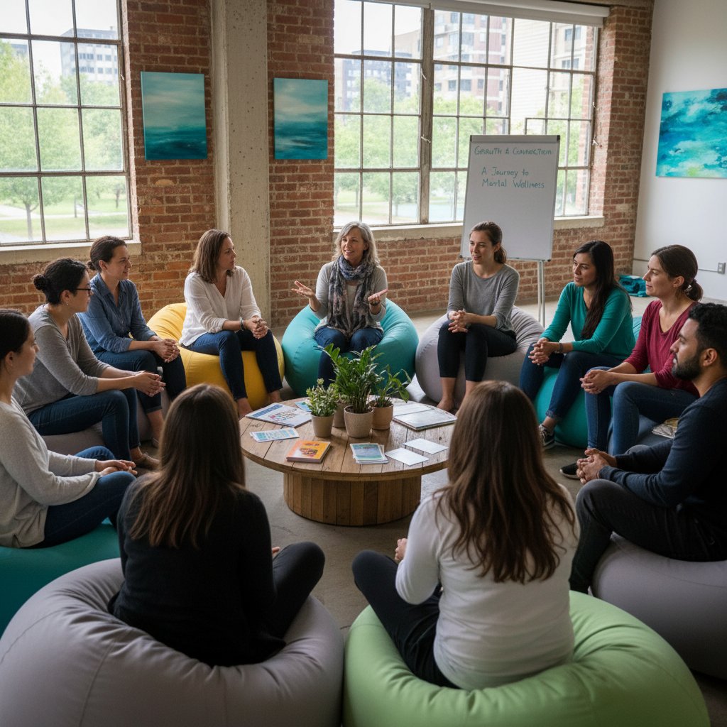 Grupa osób podczas warsztatów psychoedukacyjnych, różne pokolenia, emocjonalna wymiana