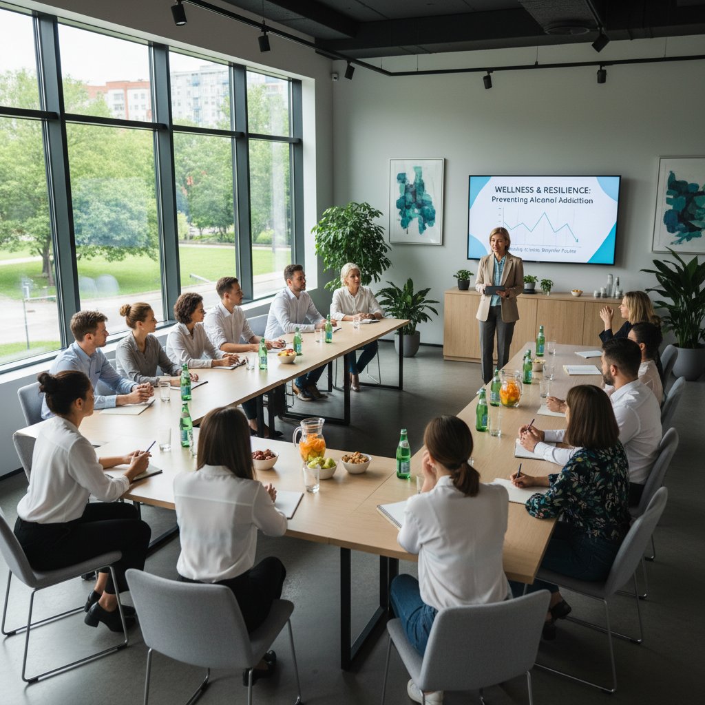 Grupa osób na warsztatach edukacyjnych, nowoczesna sala, profilaktyka uzależnień od alkoholu