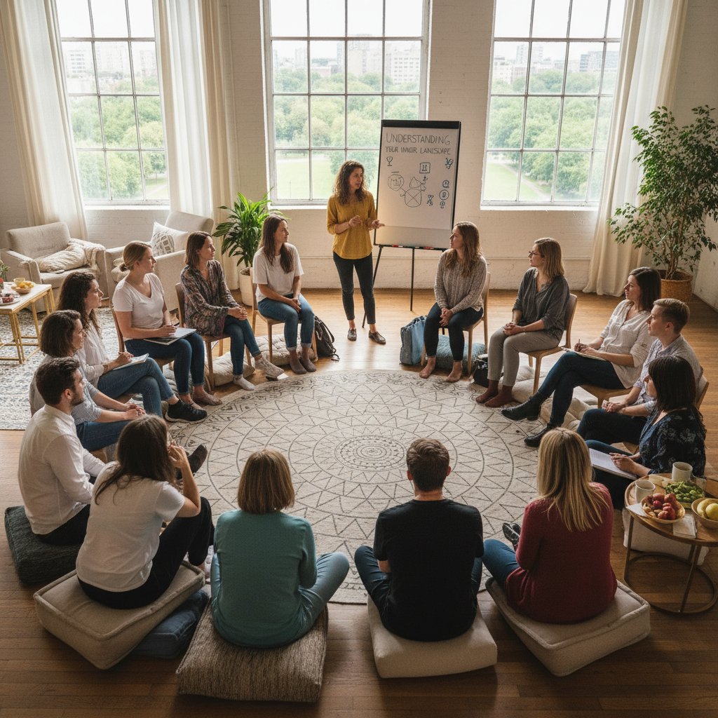 Grupa osób podczas warsztatów rozwoju osobistego – ilustracja społecznych skutków pracy z neurozą przeniesienia