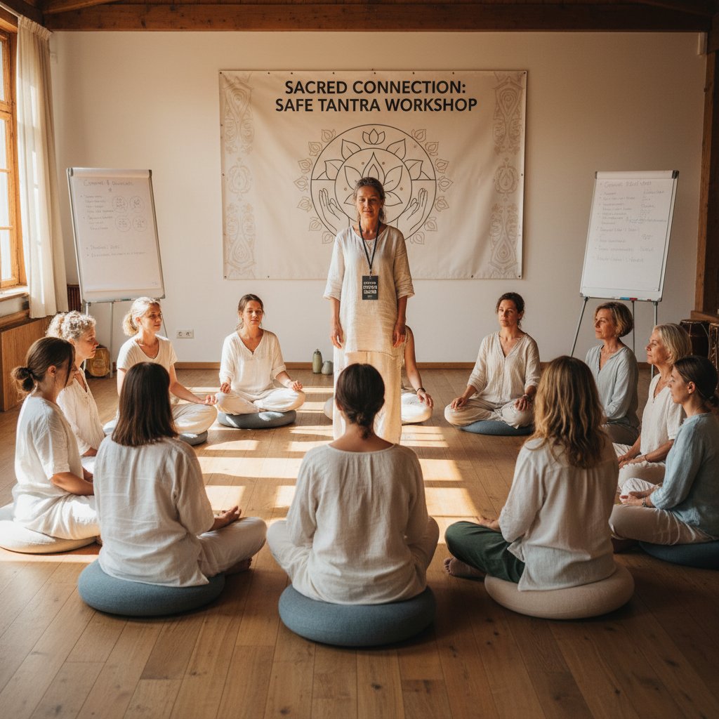 Grupa ludzi podczas bezpiecznego warsztatu tantrycznego z certyfikowanym trenerem