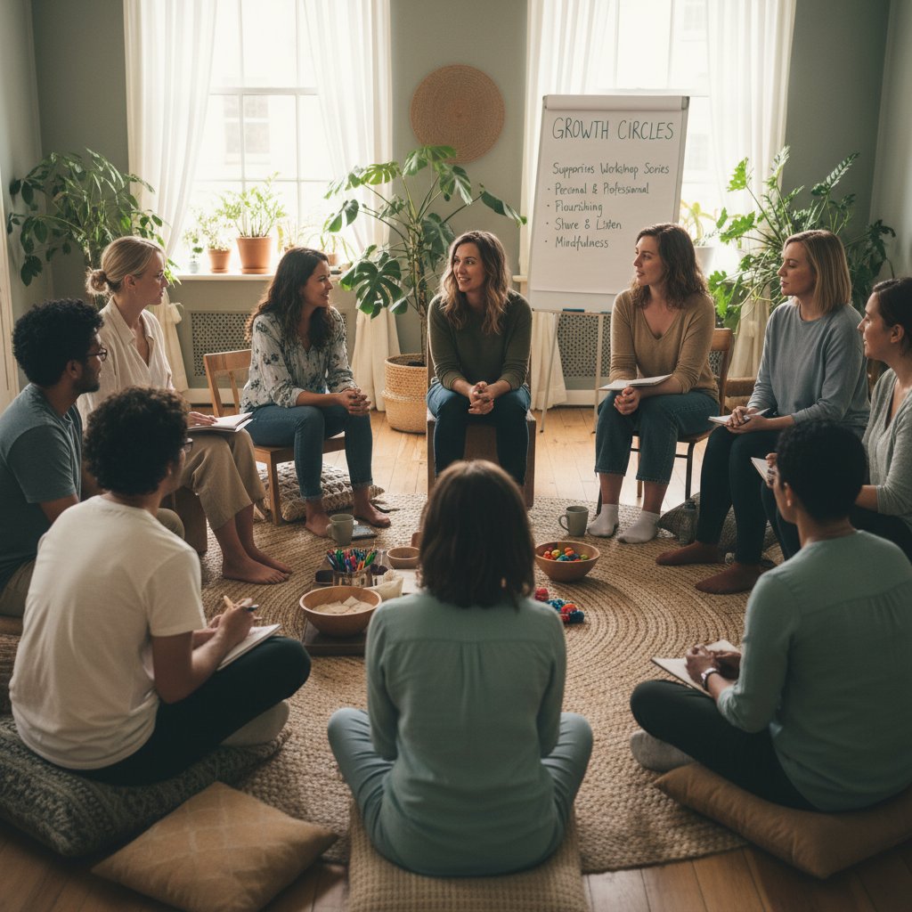 Grupa ludzi na warsztatach rozwojowych, wspólnie rozmawiających o emocjach i doświadczeniach