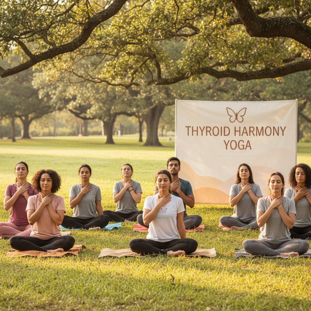 Grupa osób ćwiczących jogę w parku, w tle zieleń, atmosfera relaksu i skupienia – symbol aktywności fizycznej jako wsparcia dla zdrowia tarczycy
