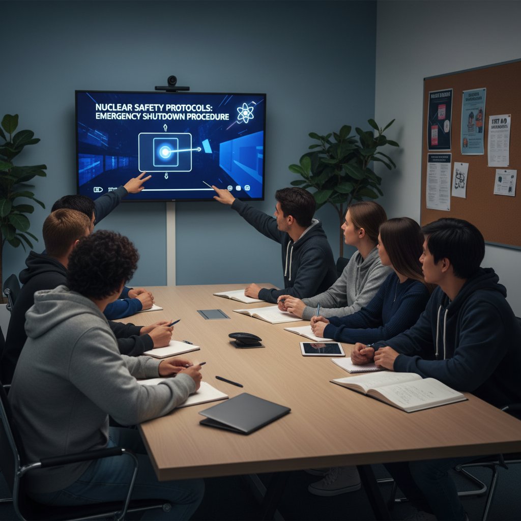 Grupa młodych dorosłych ogląda wideo o bezpieczeństwie jądrowym, atmosfera skupienia, sala szkoleniowa