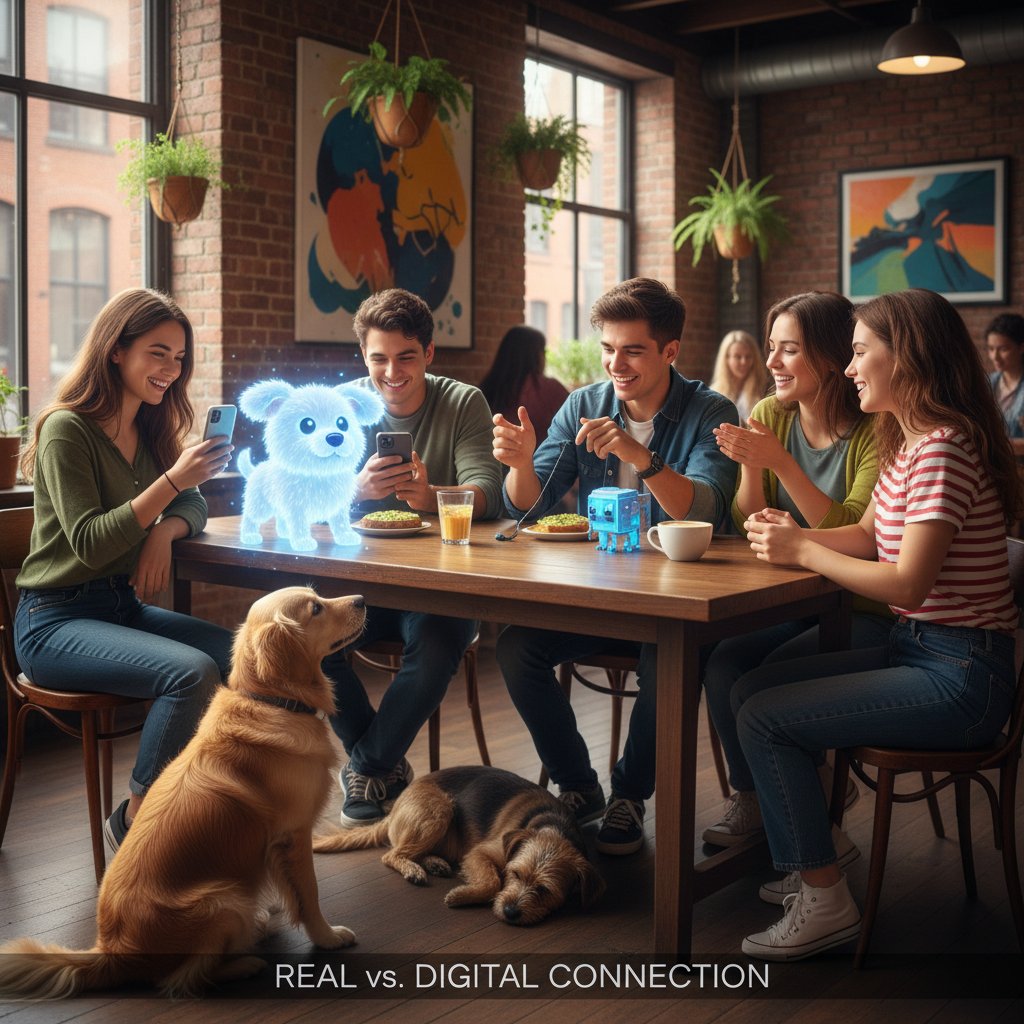 Grupa młodych osób w kawiarni, każdy wpatrzony w ekran telefonu z aplikacją cyfrowego psa – kontrast relacji cyfrowych i offline