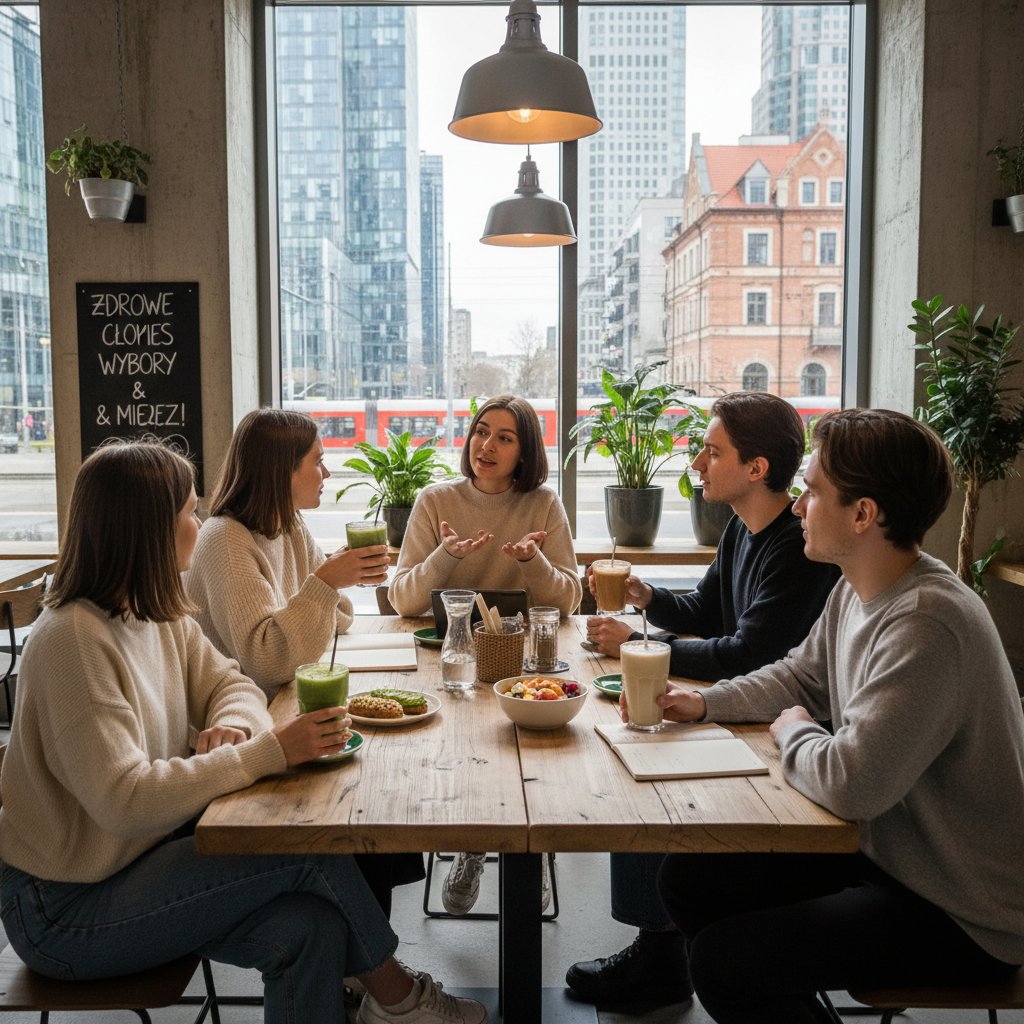Grupa młodych ludzi rozmawia w kawiarni o dietach, nowoczesne polskie miasto, codzienna scena