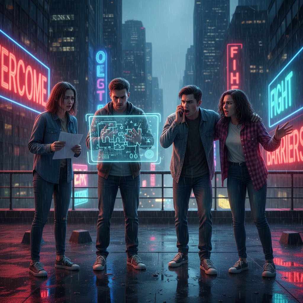 Grupa młodych Polaków na tle neonowych świateł miasta – pokolenie Z i chaos emocji