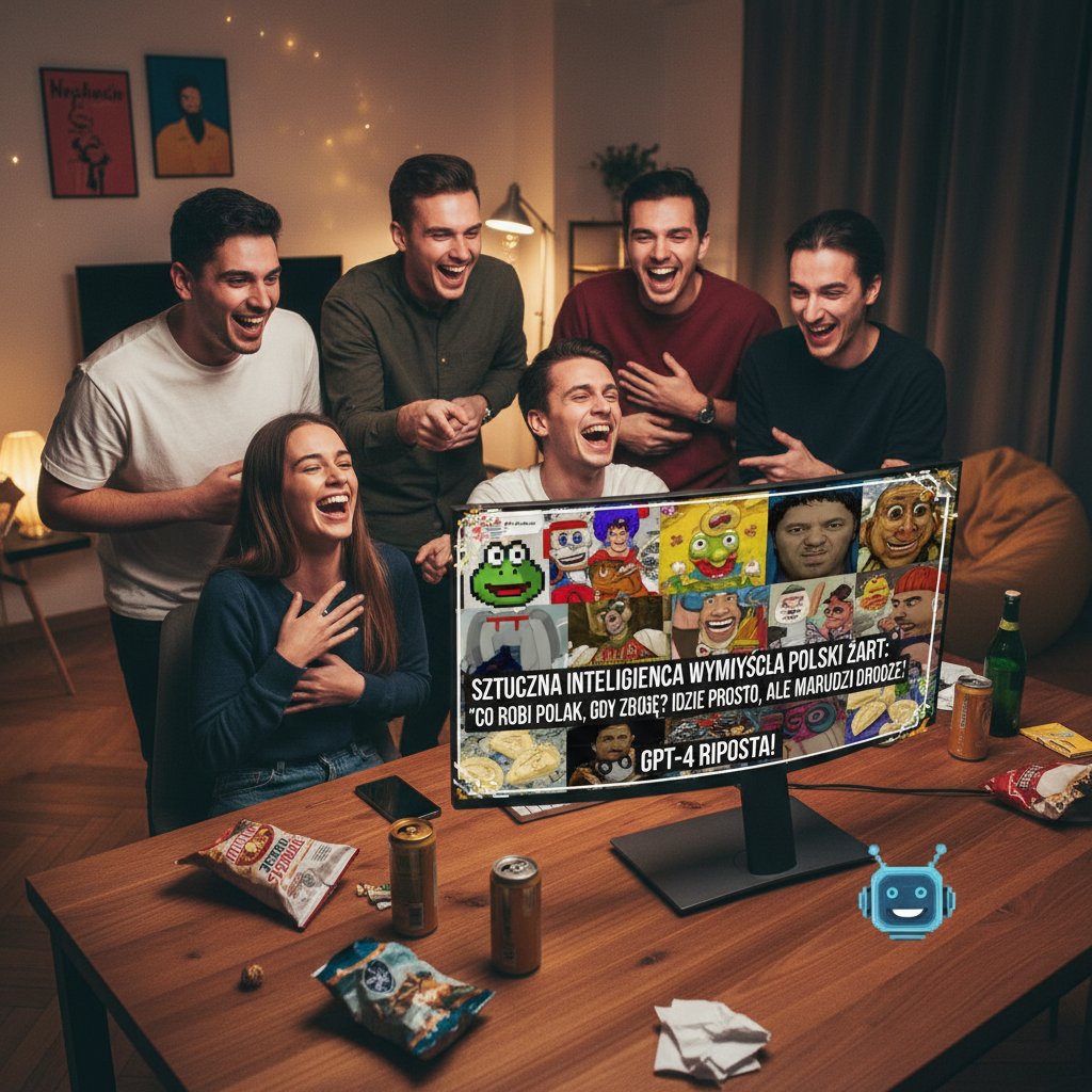 Grupa młodych przy komputerze śmieje się z odpowiedzi AI na polski żart