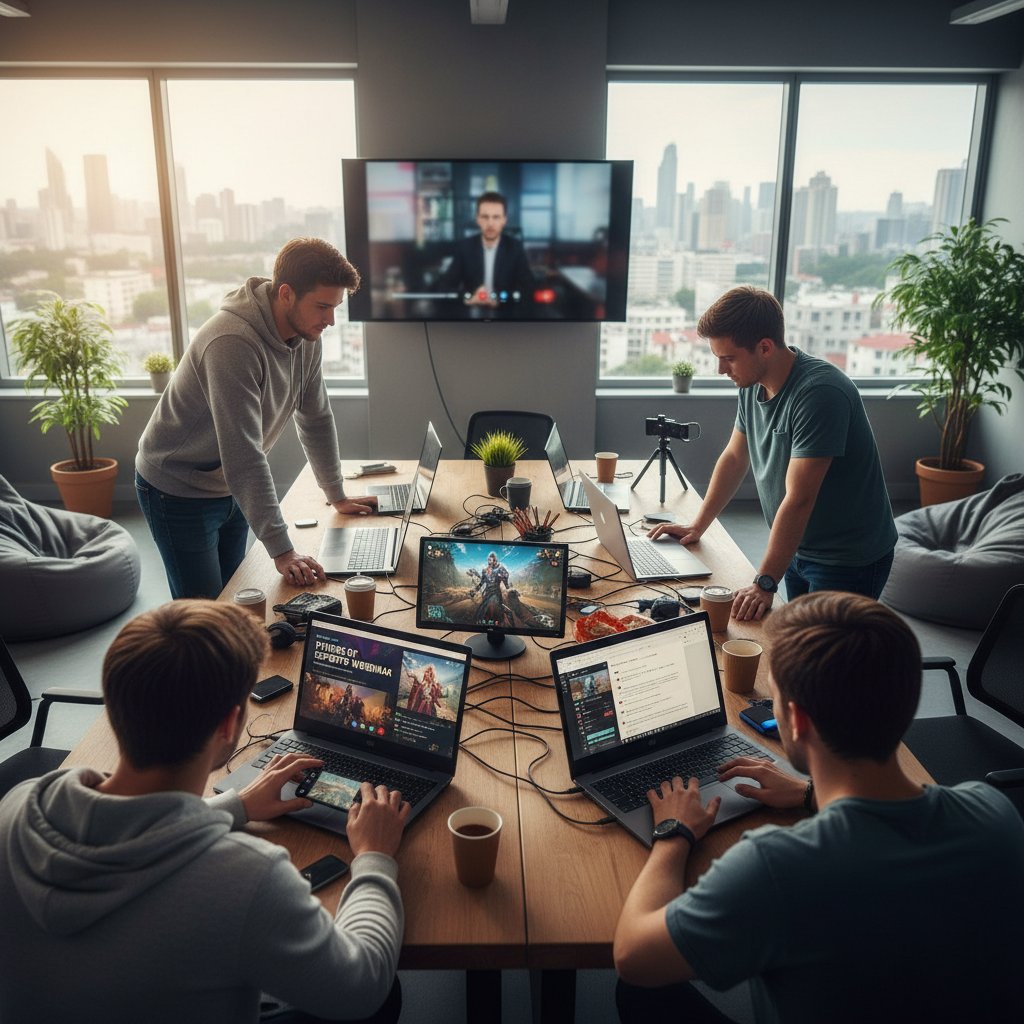 Grupa młodych ludzi korzystających z laptopów i smartfonów podczas wspólnej gry lub webinaru, symbolizująca niszowe społeczności online