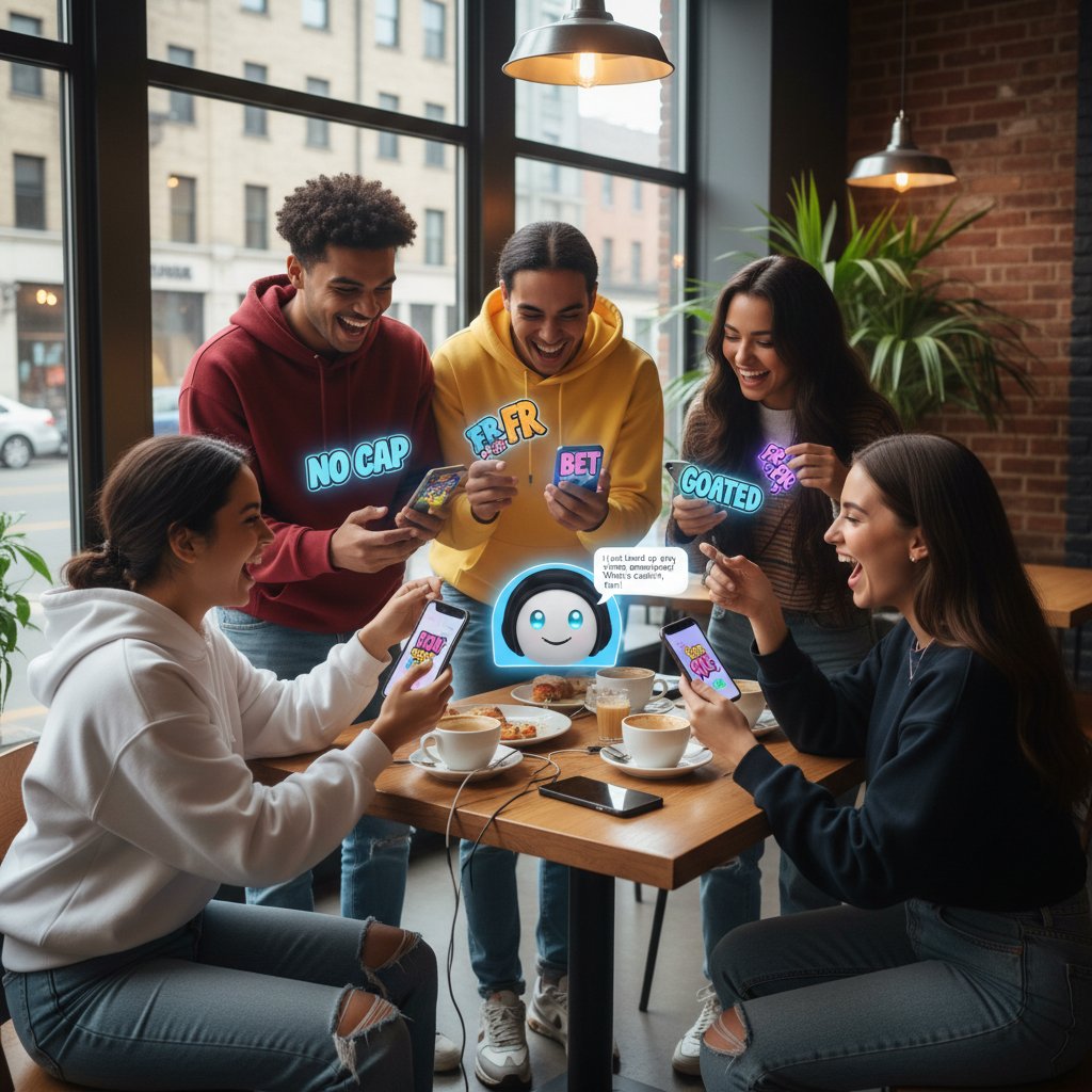 Grupa młodych osób śmieje się przy smartfonach, czytając memy na czacie