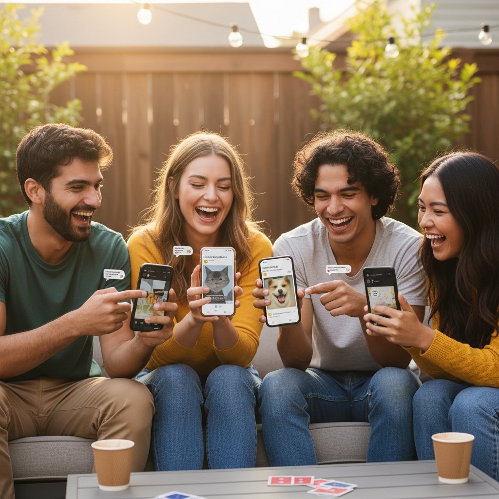 Grupa młodych ludzi śmieje się, patrząc na memy na smartfonie podczas rozmowy online, polski internet, slang