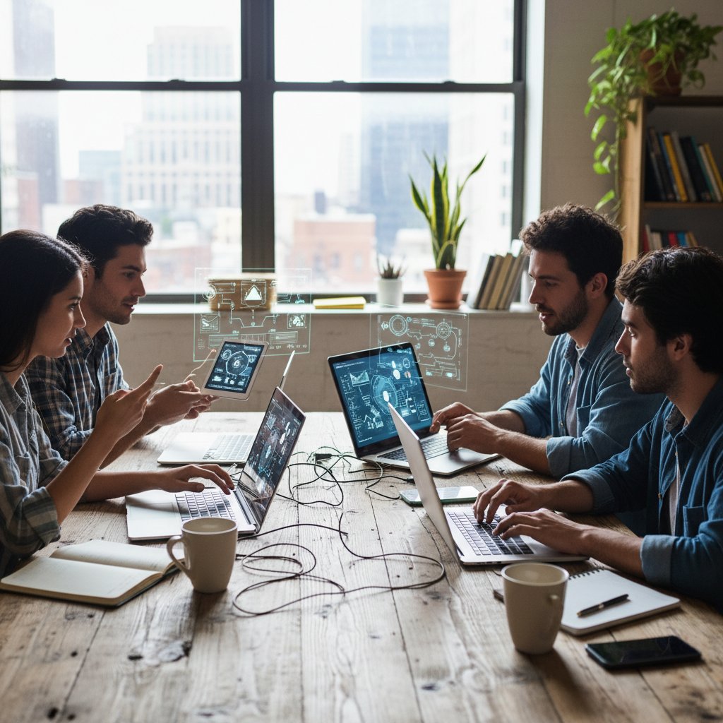 Grupa młodych ludzi podczas wspólnej nauki z laptopami i aplikacjami AI, energia cyfrowej współpracy