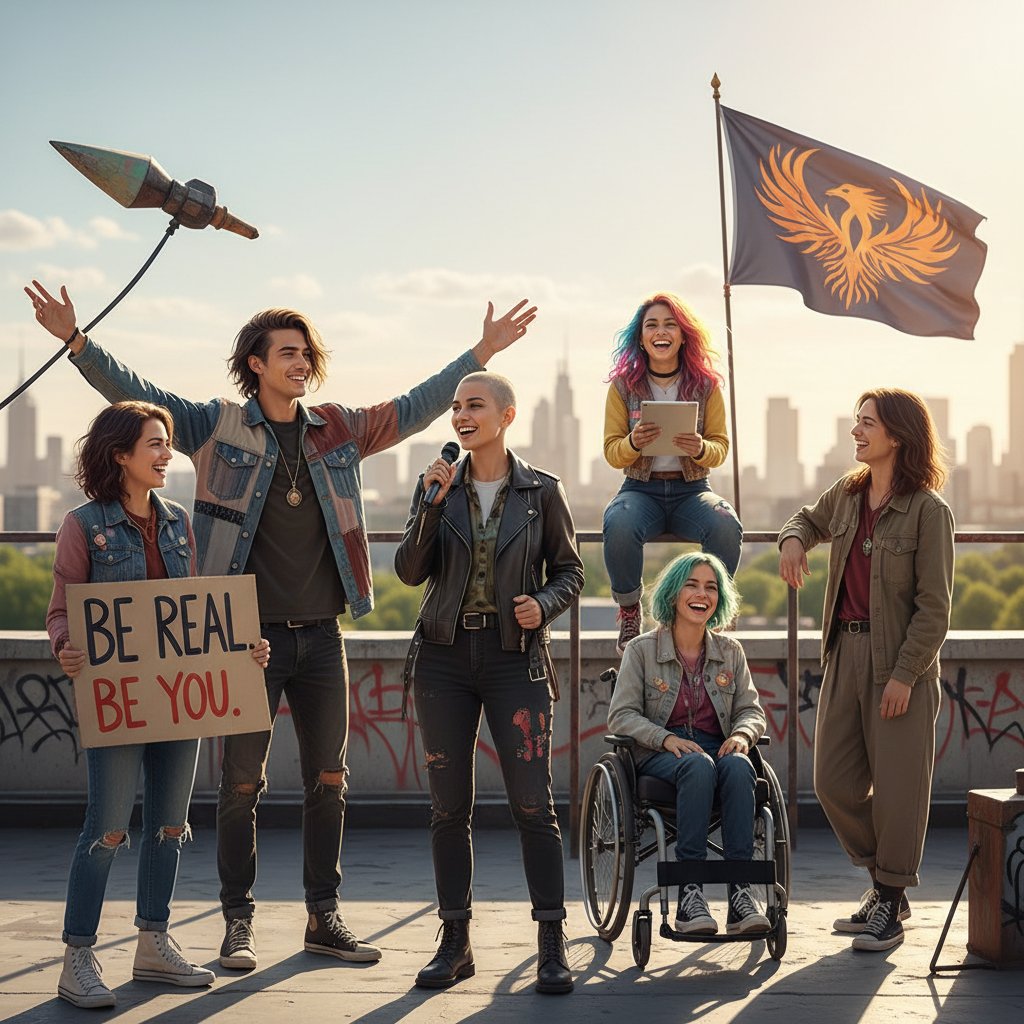 Grupa młodych ludzi symbolizująca nowoczesne cnoty: odwagę, autentyczność, odporność