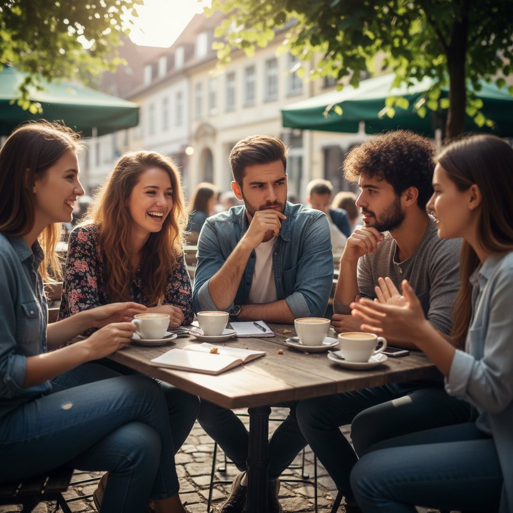 Grupa młodych ludzi siedzących razem, rozmawiających szczerze o kryzysach i emocjach